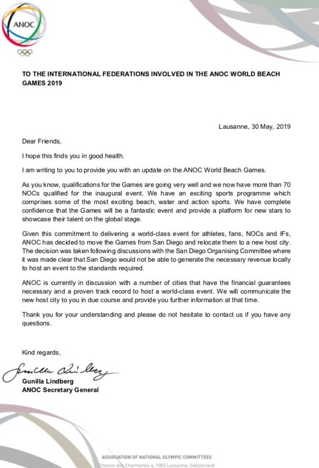 ANOC secretary general Gunilla Lindberg wrote to the 206 National Olympic Committees to inform them that the World Beach Games is being relocated from San Diego ©ITG