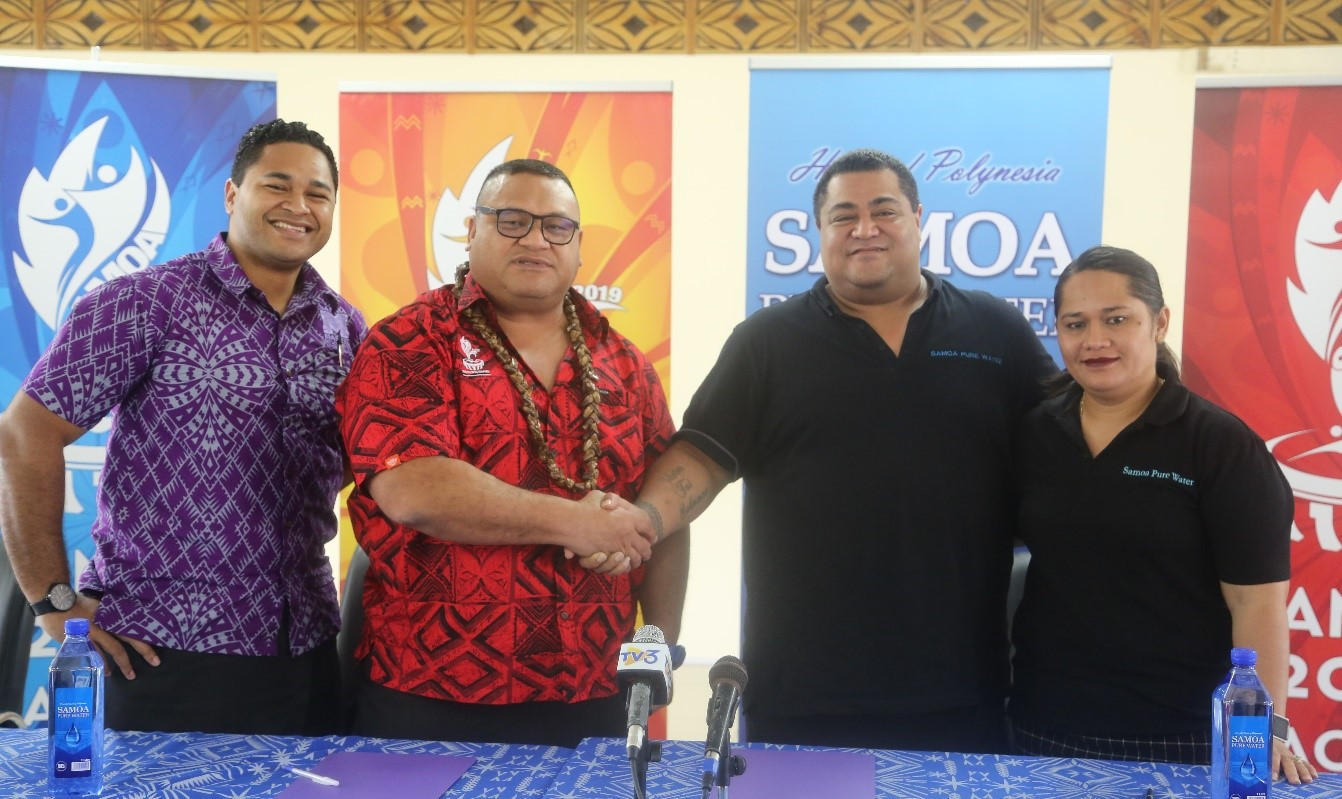 Samoa 2019 director of sponsorship Tagaloa Faafouina Su’a, second left, confirmed Samoa Pure Water have signed a deal for next month's Pacific Games ©Samoa 2019