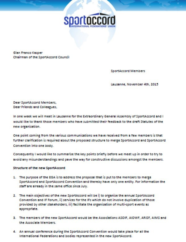 The first page of a letter sent by FIS President Gian-Franco Kasper to SportAccord members ©ITG