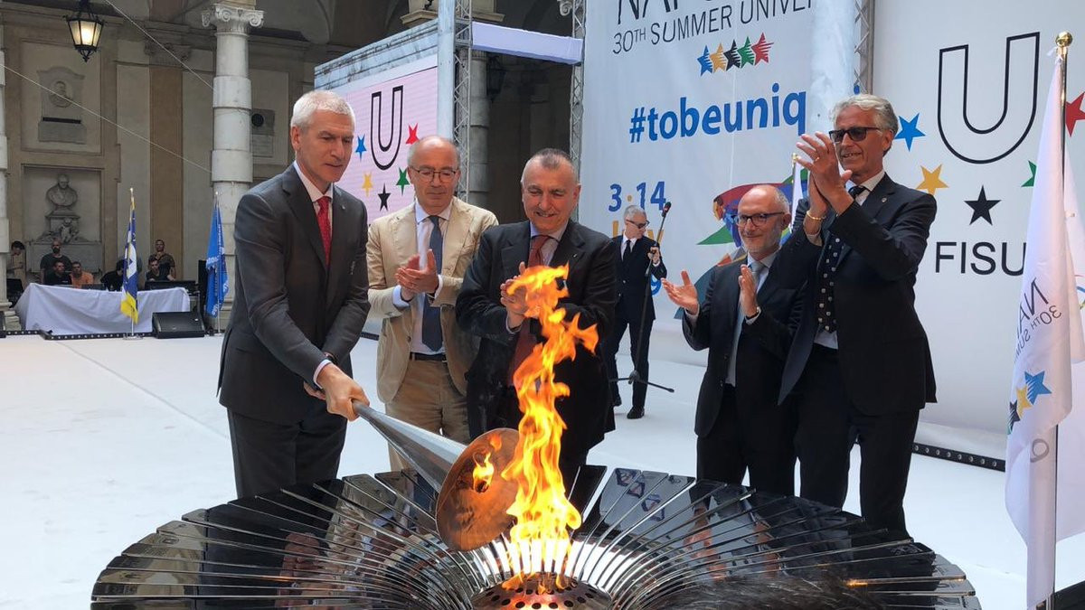 The cauldron was lit by International University Sports Federation President Oleg Matytsin as part of the Torch Lighting Ceremony at the University of Turin ©FISU