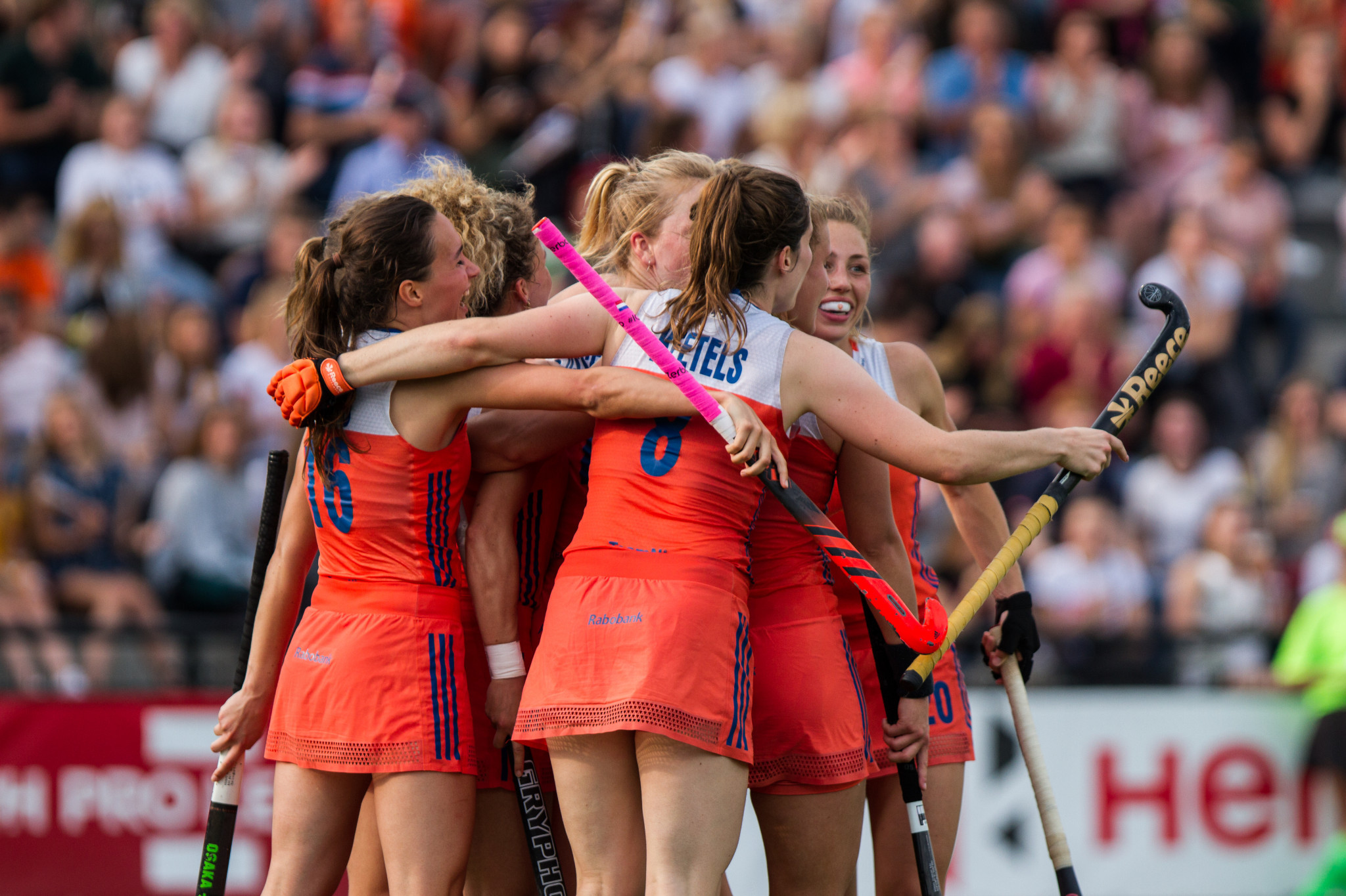 Netherlands women celebrate their 2-1 victory against Germany in the International Hockey Federation Pro League ©Getty Images