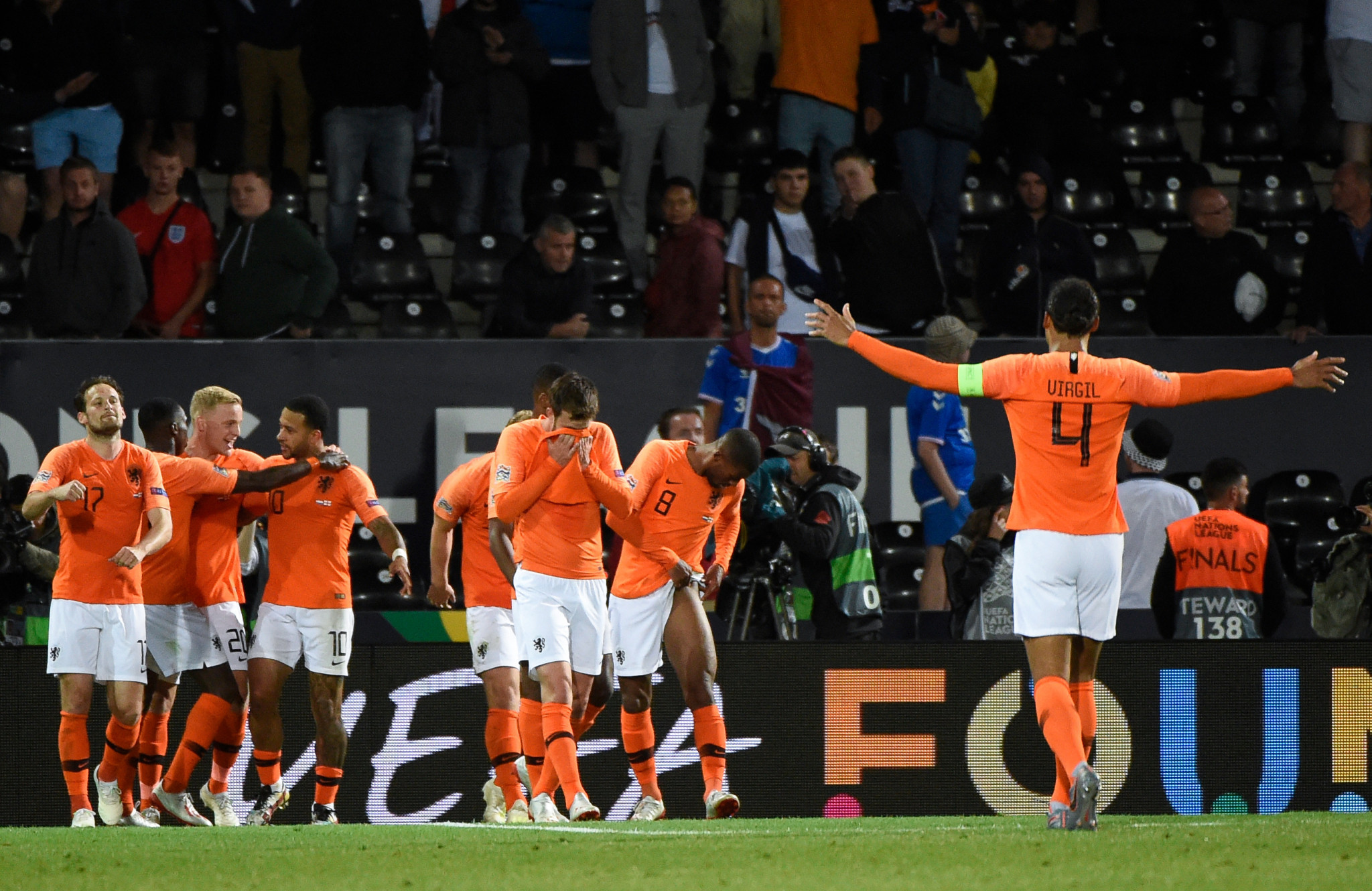 Netherlands' players celebrate their third goal in their UEFA Nations League semi-final against England at Afonso Henriques Stadium in Guimarães ©Getty Images