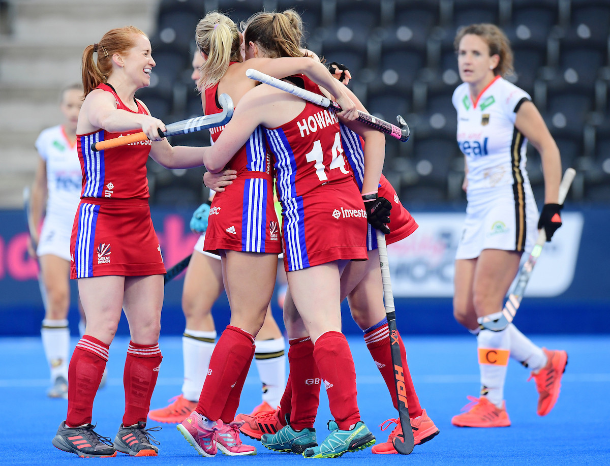 Britain's Tess Howard is mobbed by her team mates after scoring her first international goals ©World Sport Pics