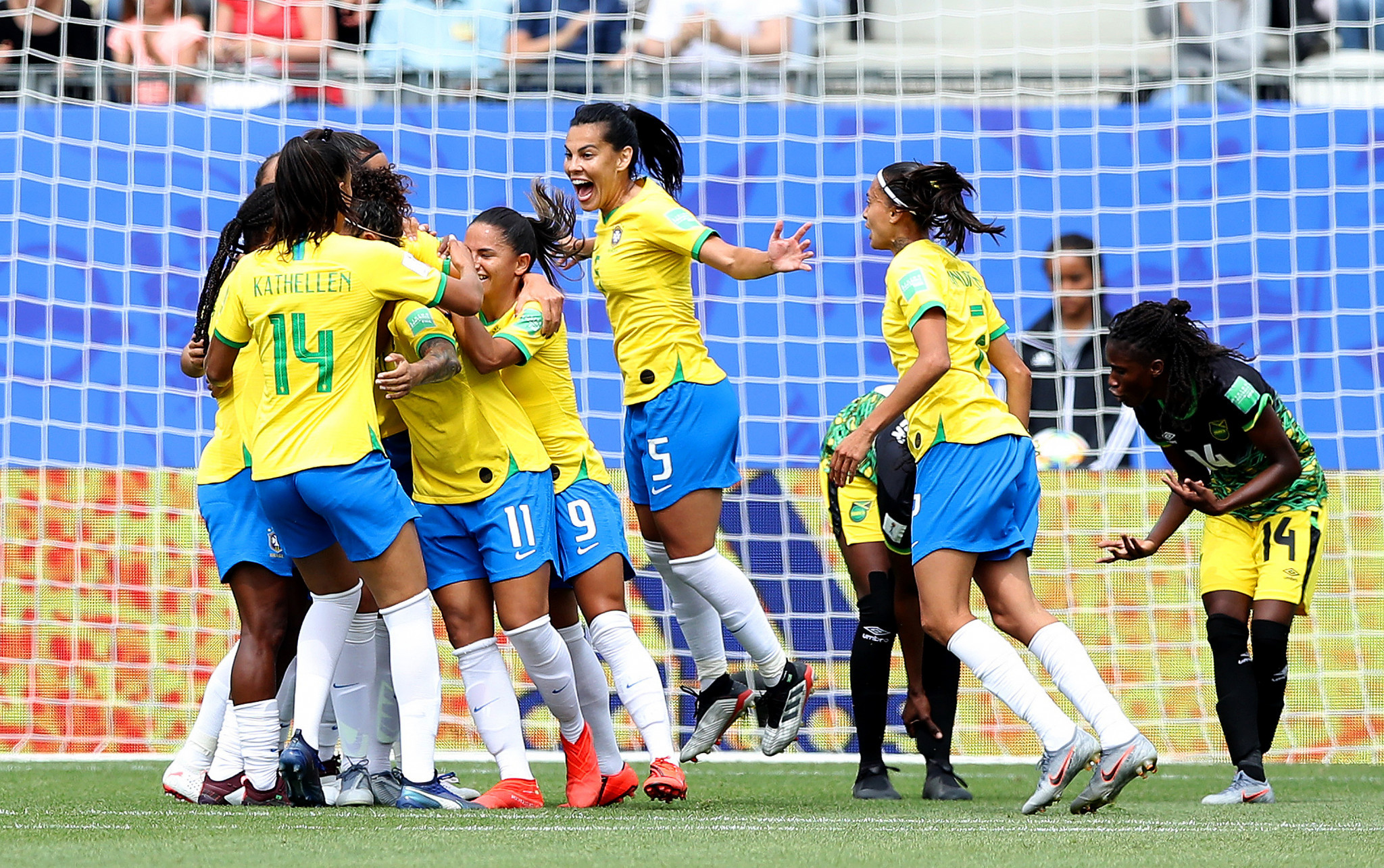 Cristiane is mobbed after scoring the first goal of her hat-trick in Brazil's 3-0 win over Jamaica ©Getty Images