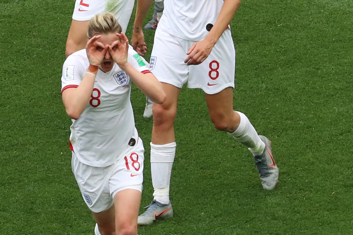 Ellen White celebrates scoring England's second goal against Scotland in Nice ©Getty Images