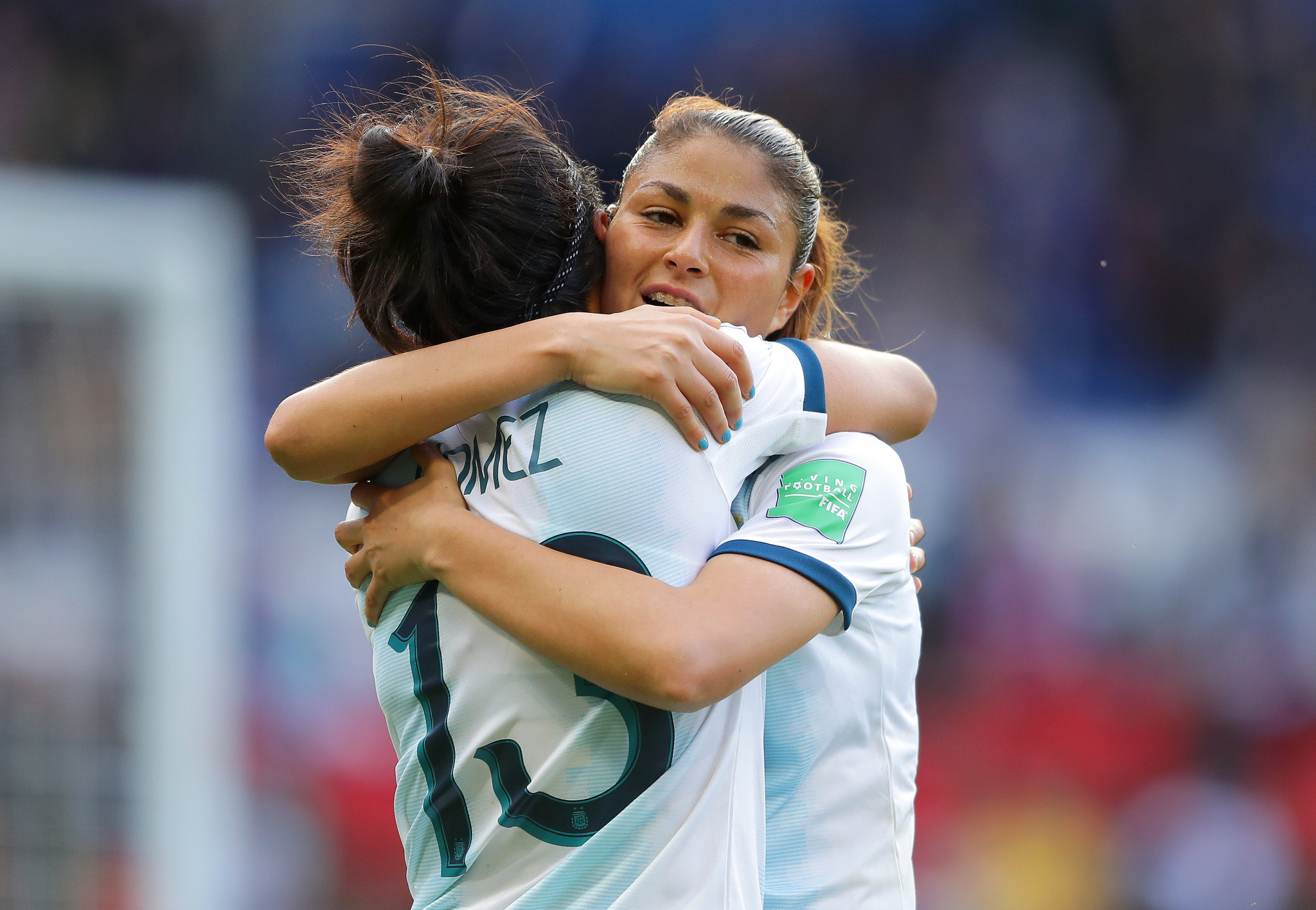 Argentina players Virginia Gomez and Adriana Sachs embrace after securing a 0-0 draw in their opening FIFA World Cup match against Japan ©Getty Images