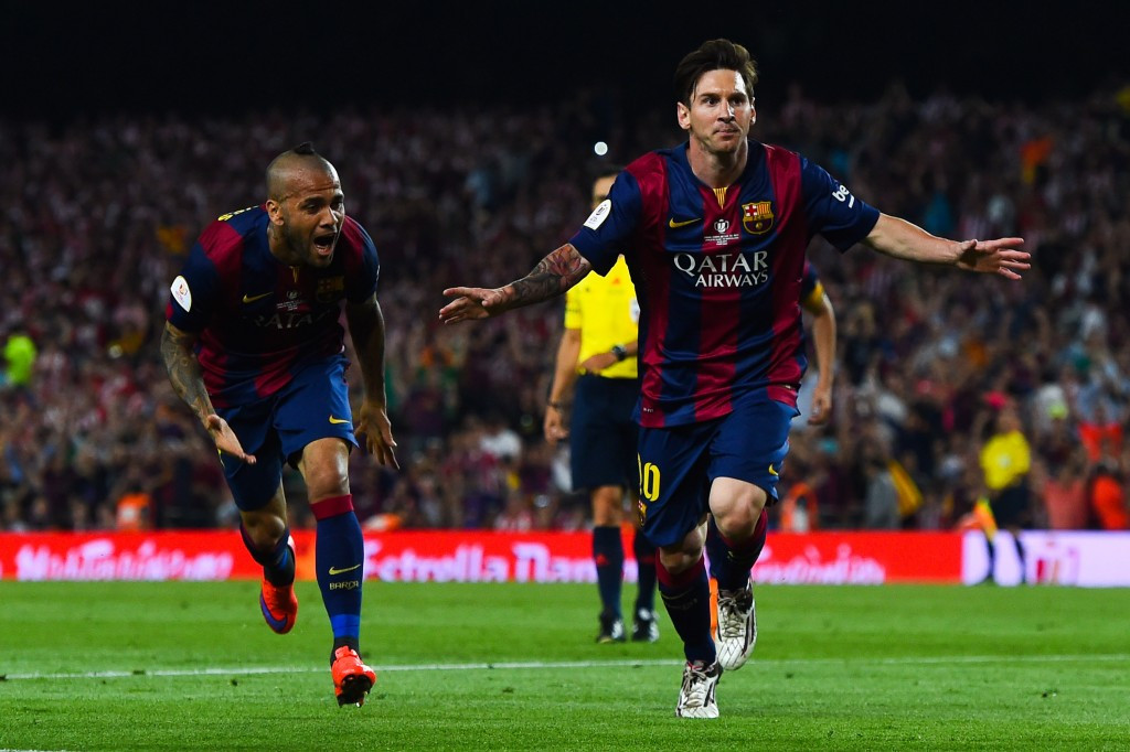 Lionel Messi celebrates his stunning wonder goal in the 2015 Copa del Rey final which earned him a nomination for the Puskás Award