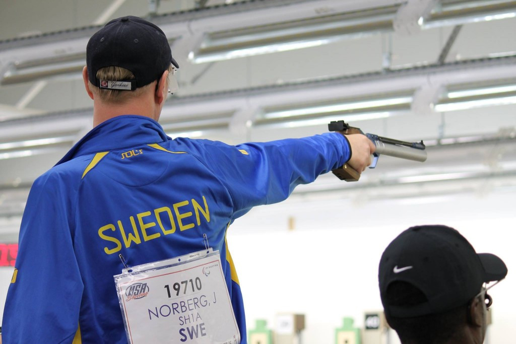 Joackim Norberg of Sweden lost out in a three-way shoot off for silver in the mixed 10m air pistol standard SH1 event