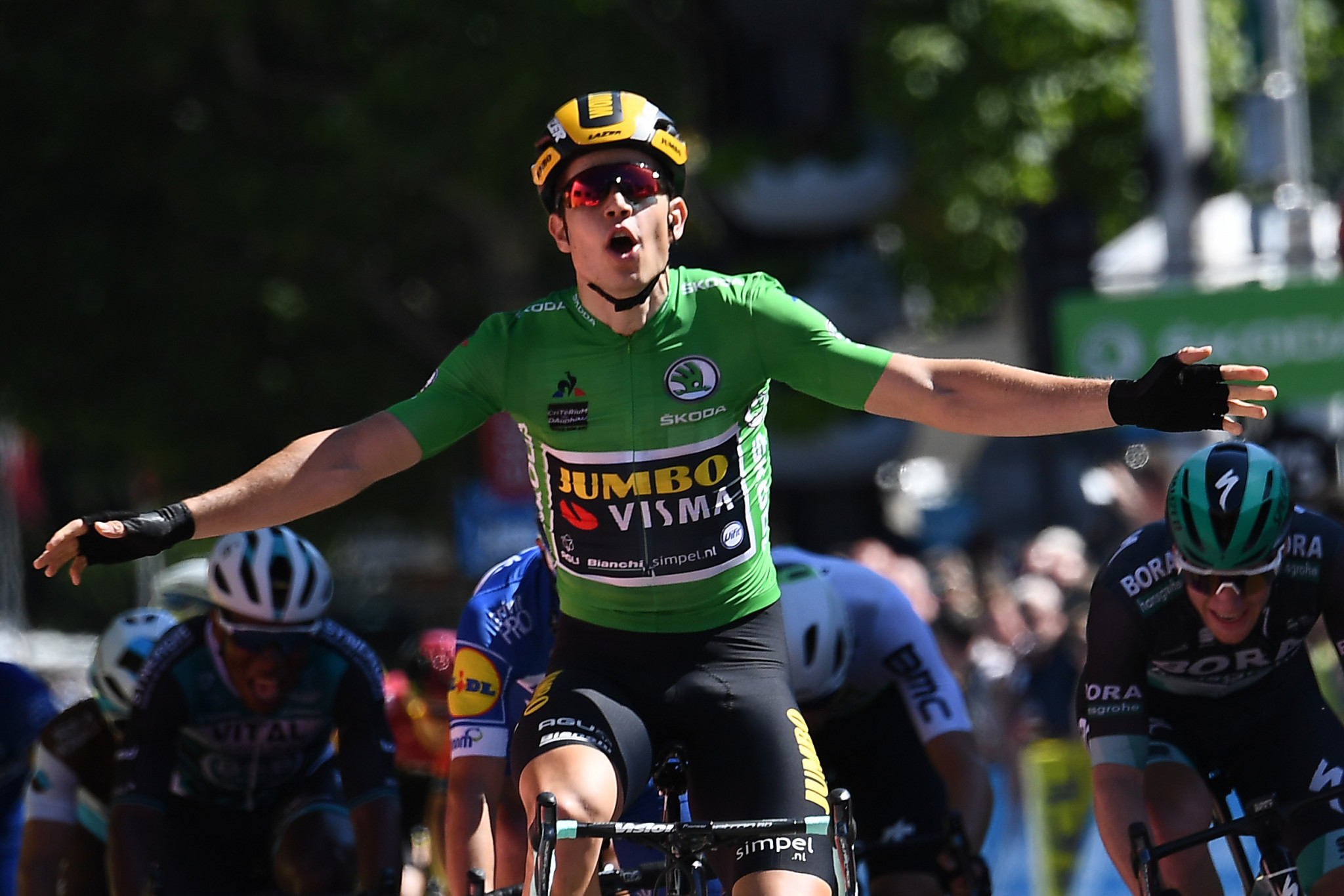 Belgium’s Wout van Aert outdid hot favourite Sam Bennett of Ireland in a thrilling bunch sprint to make it two successive stage wins at the Critérium du Dauphiné ©Getty Images
