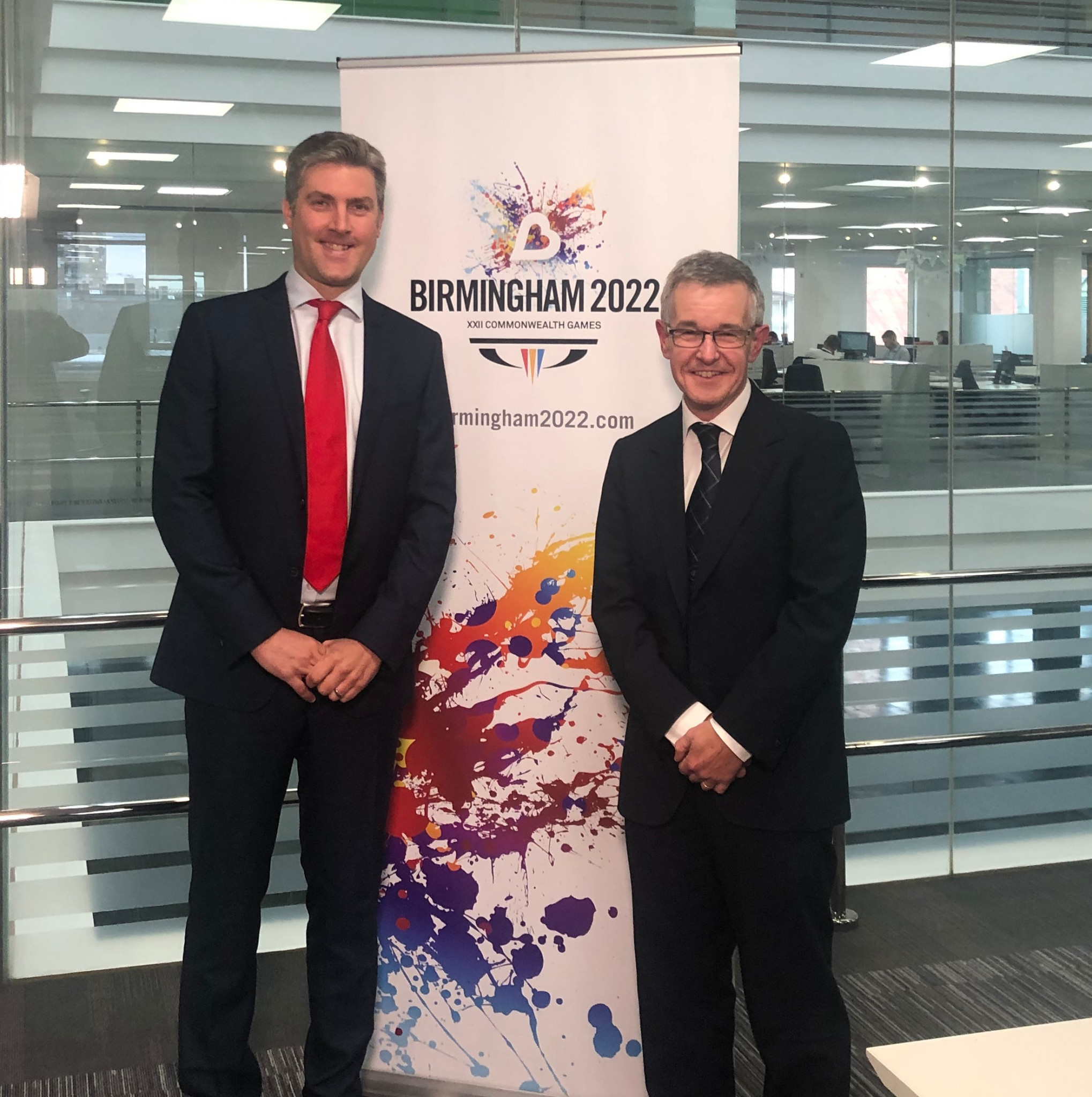 Chris Jenkins, chairman of the CGF Coordination Commission, right and Birmingham 2022 chief executive Ian Reid, left, claim they are both reassured the Aquatics Centre being built for the Commonwealth Games will be ready in time ©ITG