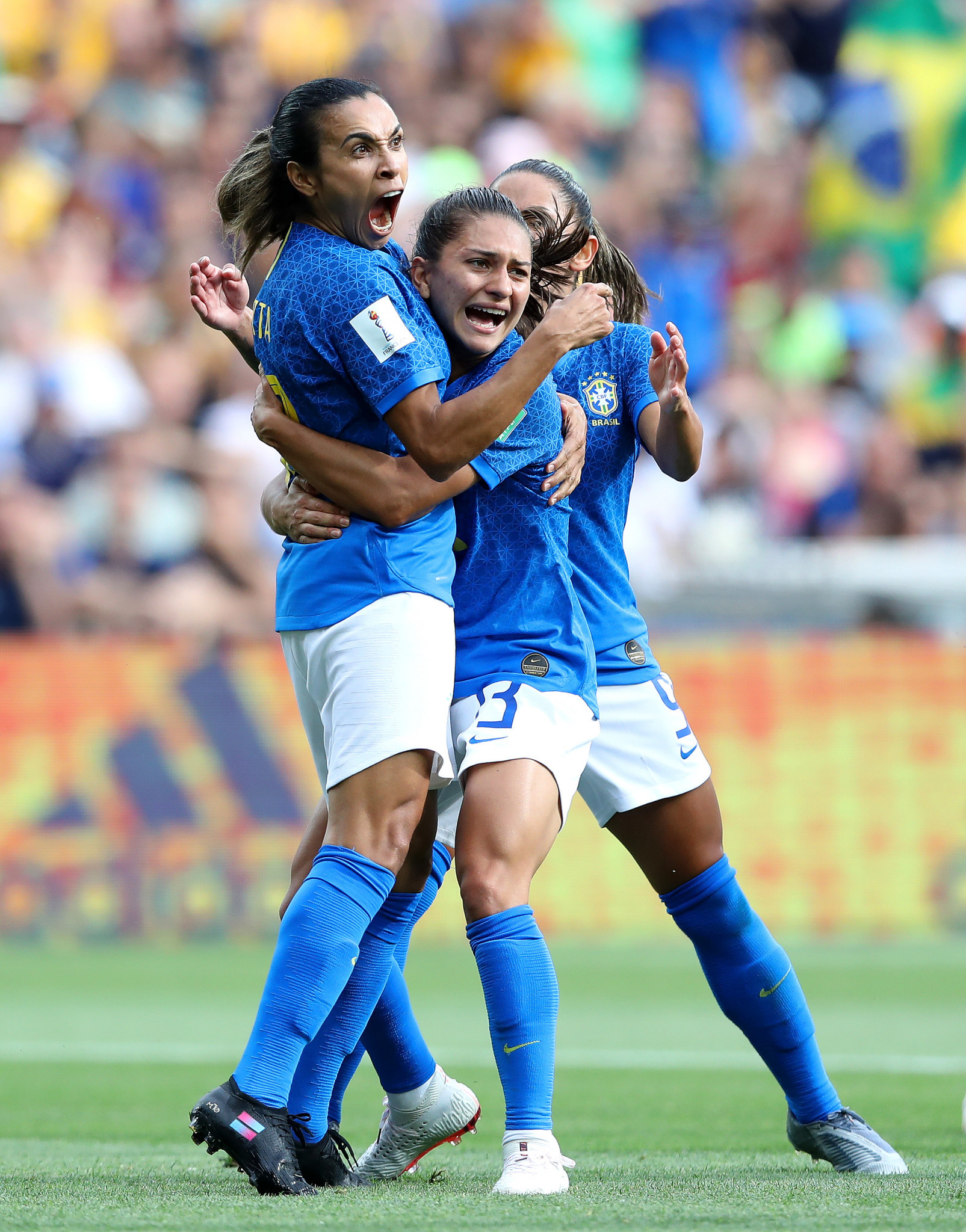Marta, left, put Brazil ahead from the spot against Australia ©Getty Images
