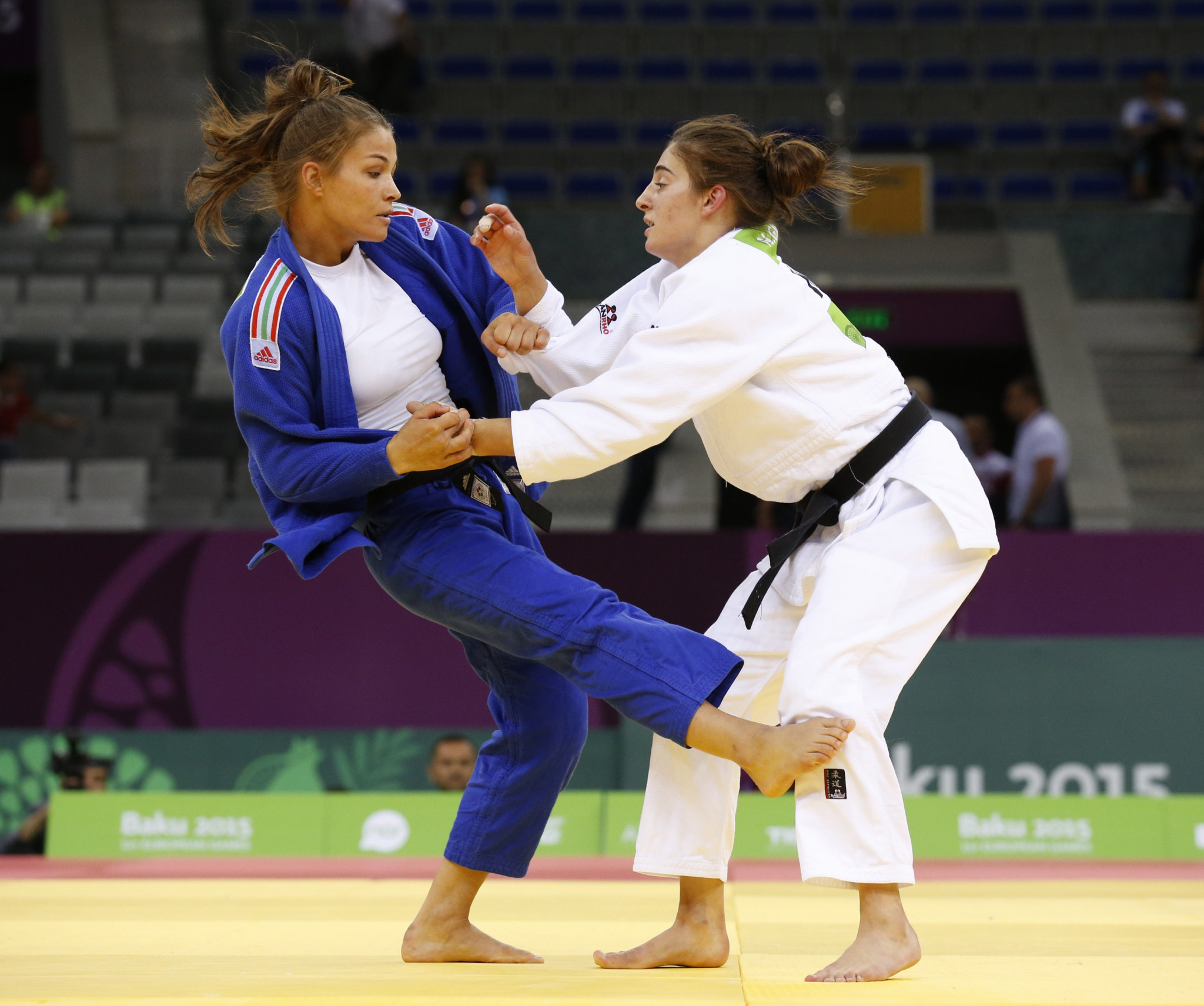Kosovo's Nora Gjakova, in white, won a European Games silver medal in the under-57kg event at Baku 2015 ©Getty Images