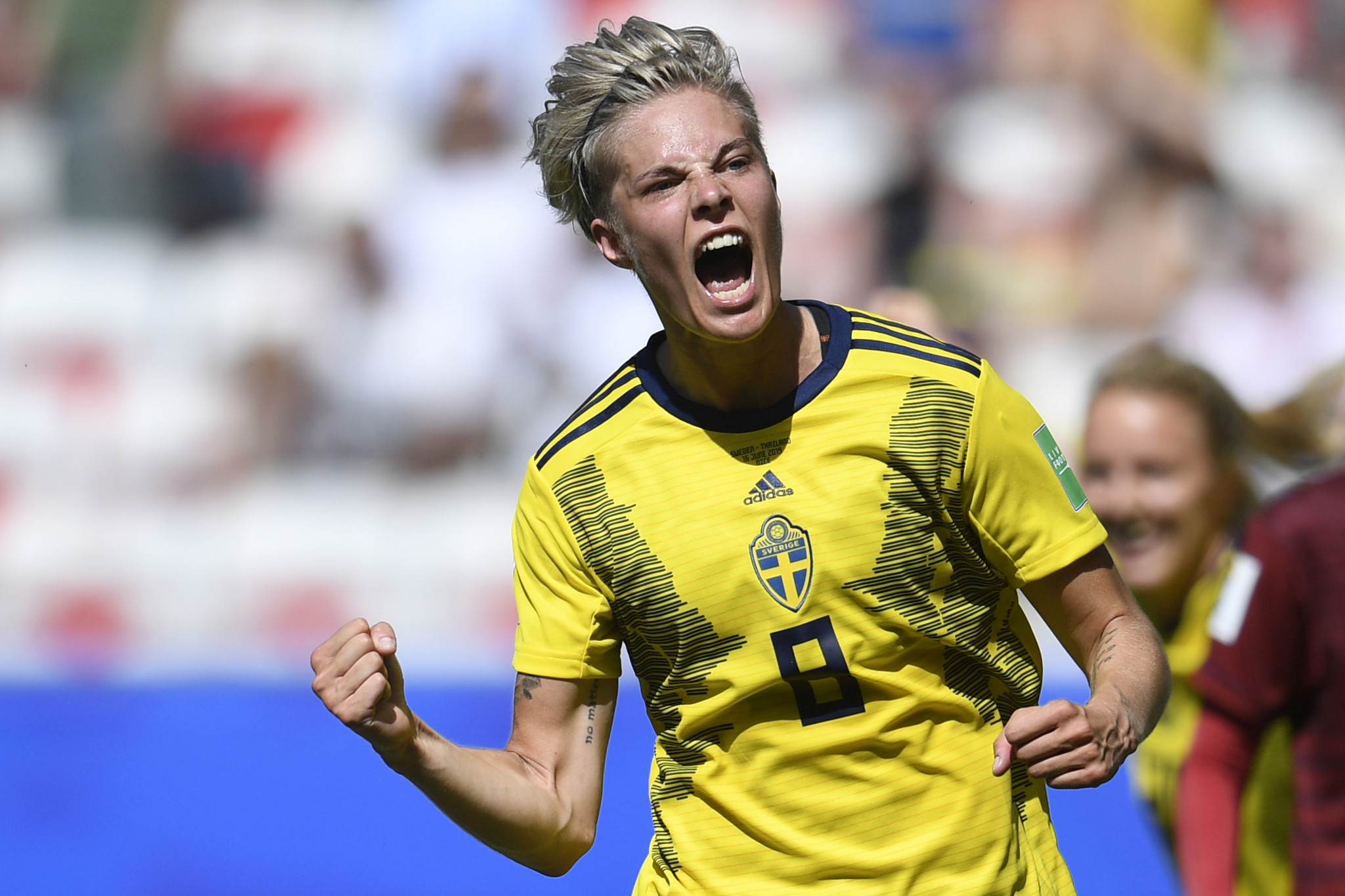 Midfielder Lina Hurtig is elated after grabbing Sweden's fourth ©Getty Images