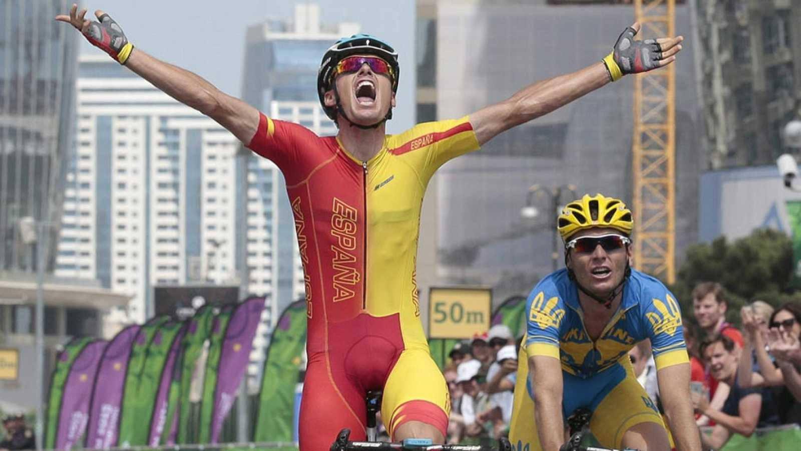 Luis León Sánchez celebrates victory in the men's cycling road race - one of eight European Games gold medals won by Spain at Baku 2015 as they finished 10th overall ©Getty Images