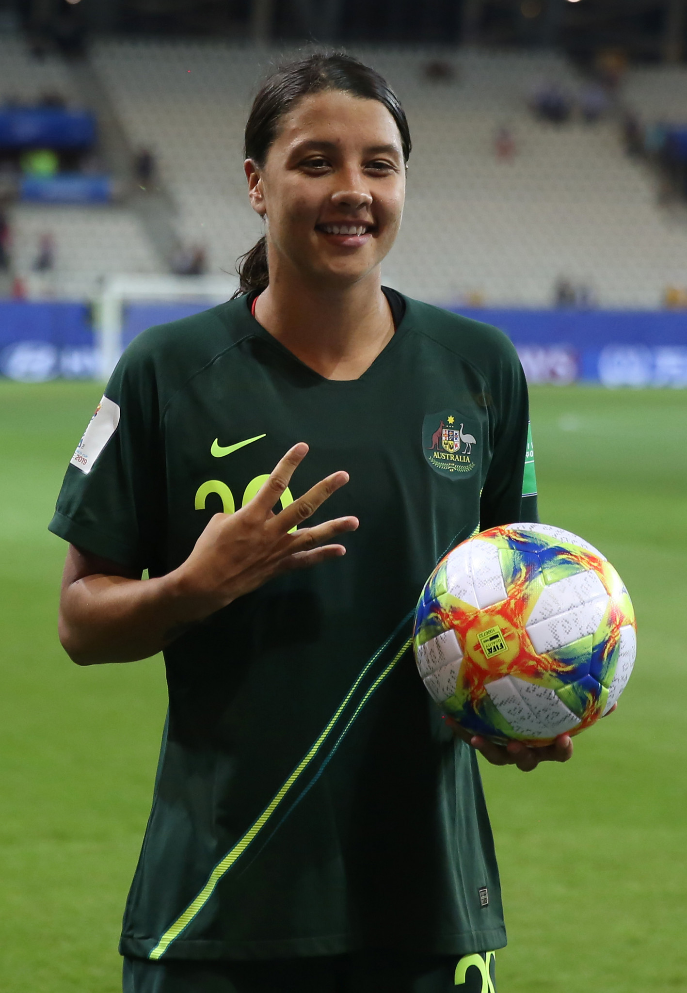 Australia's Sam Kerr with the match ball after scoring four goals against Jamaica ©Getty Images