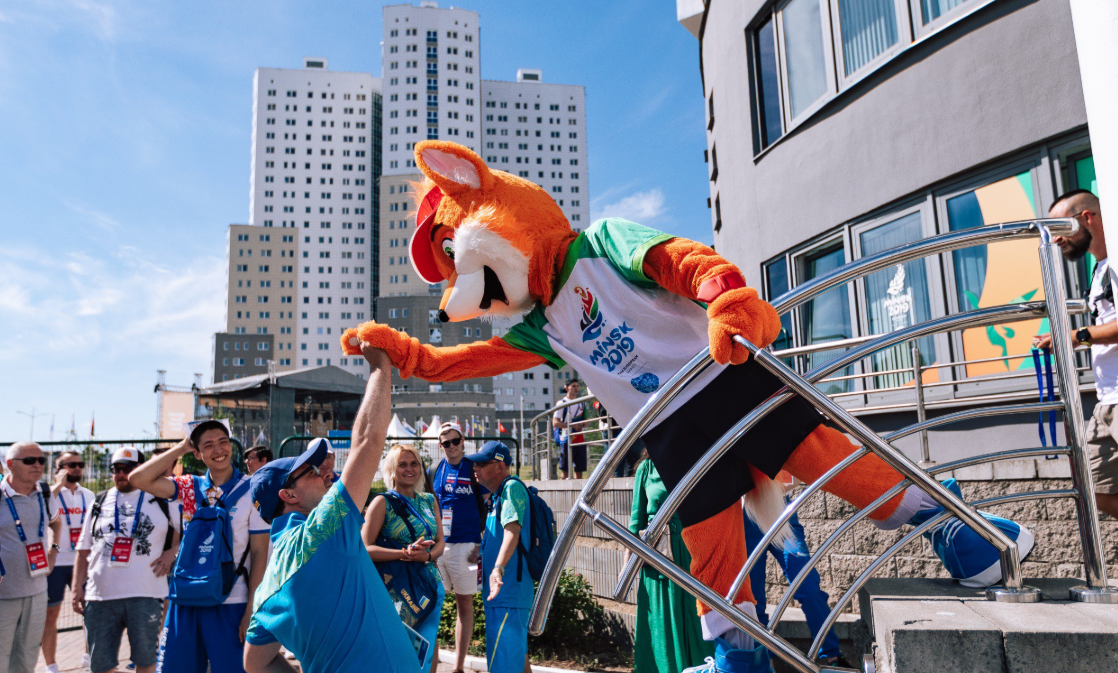 Minsk 2019 mascot Lesik the baby fox plays his part in the party atmosphere at the Athletes' Village ©Minsk 2019