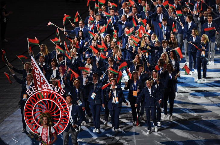 The team from host nation Belarus brings up the rear in the Parade of Athletes during tonight's Minsk 2019 Opening Ceremony ©Getty Images