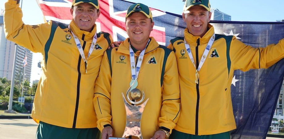 Aron Sherriff, Barrie Lester and Aaron Teys won the men's triples for hosts Australia ©Bowls Australia