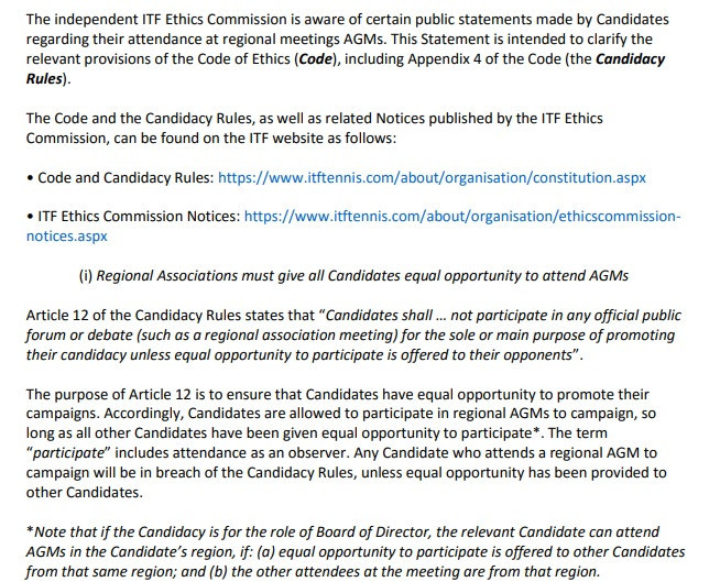 The Ethics Commission published a statement this week to clarify the campaign rules ©ITF