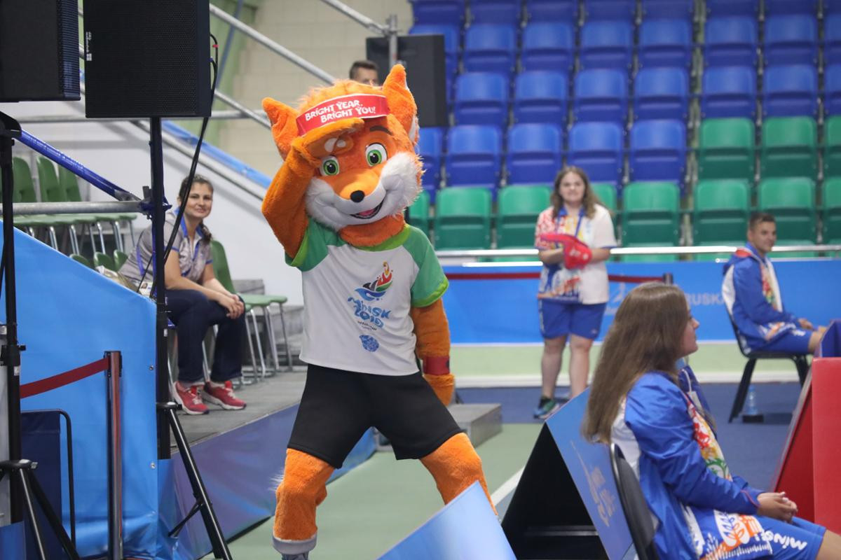 Lesik the baby fox, the Minsk 2019 mascot, oversaw today's action ©Minsk 2019
