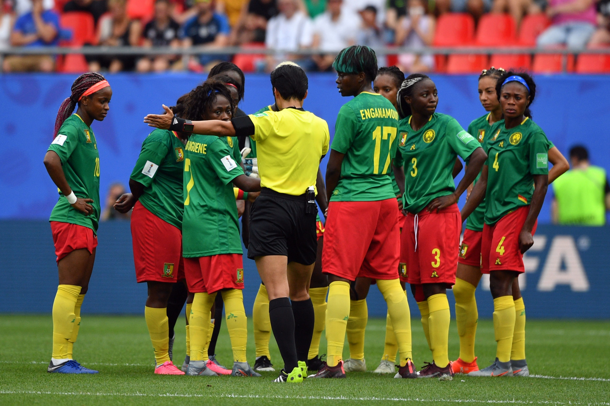 The Cameroon players were furious at the decision to award the goal and briefly appeared to refuse to restart play ©Getty Images