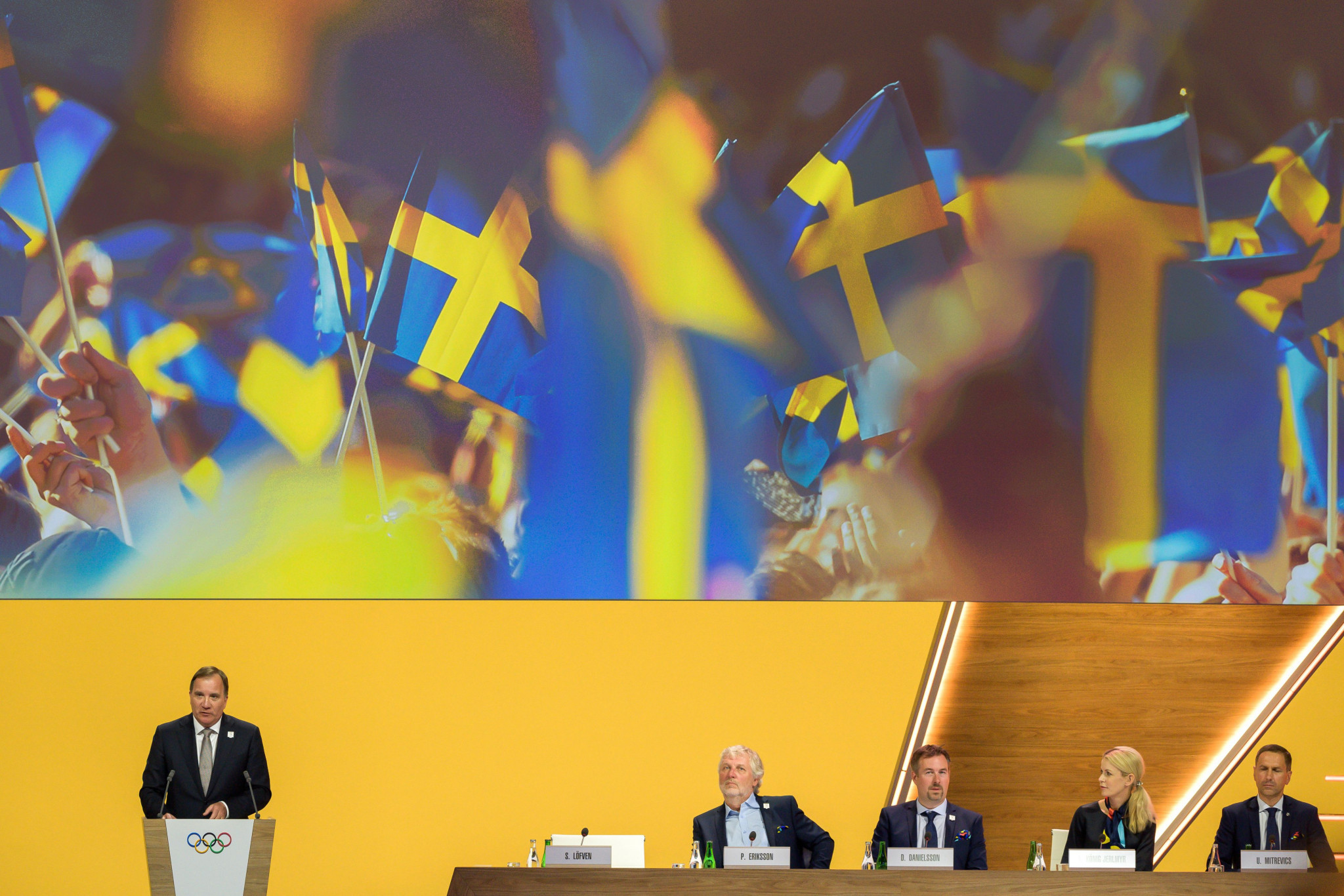 Sweden's Prime Minister Stefan Löfven speaks during the Stockholm Åre 2026 final presentation ©Getty Images