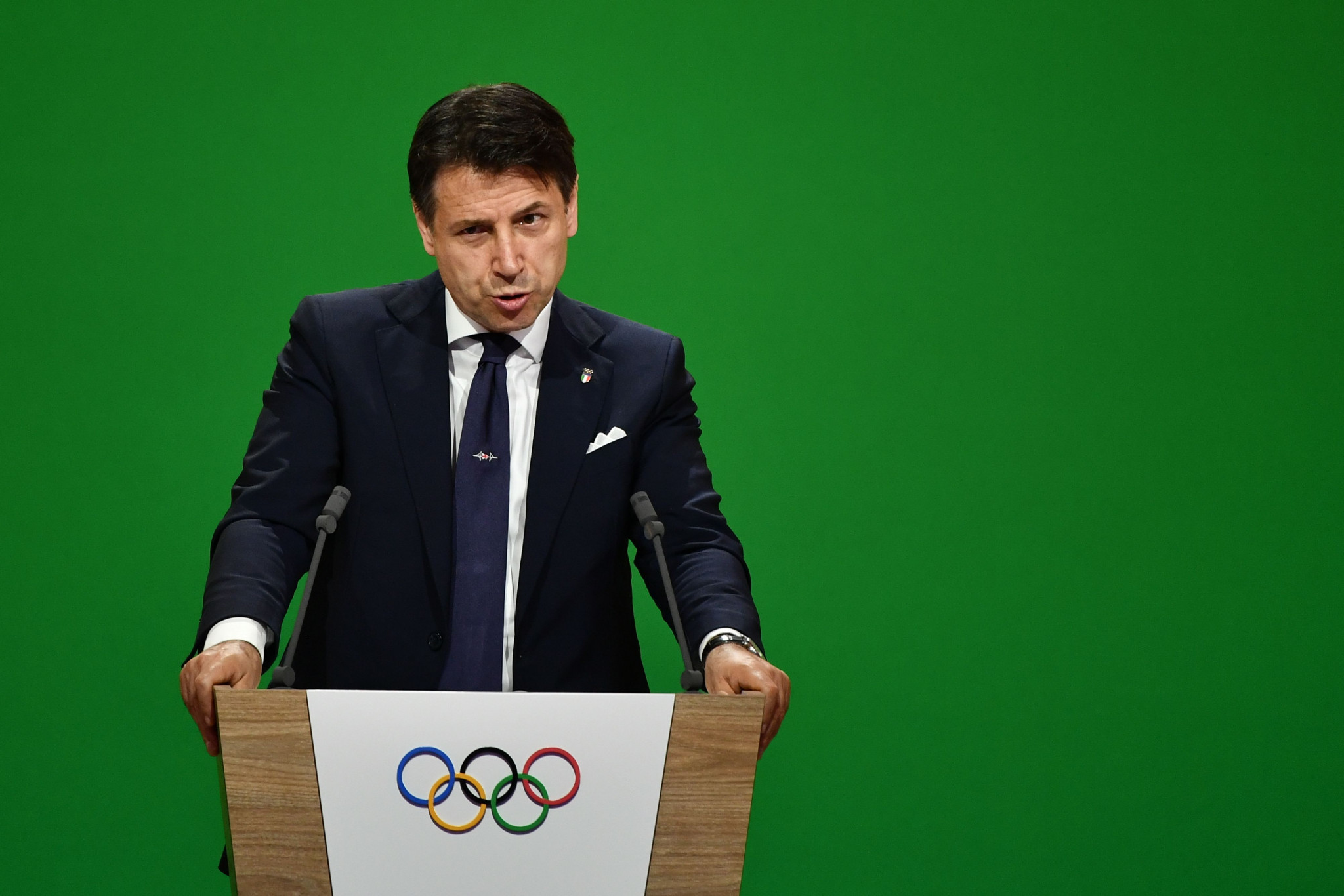 Italian Prime Minister Giuseppe Conte addresses IOC members at the Swiss Tech Convention Center ©Getty Images