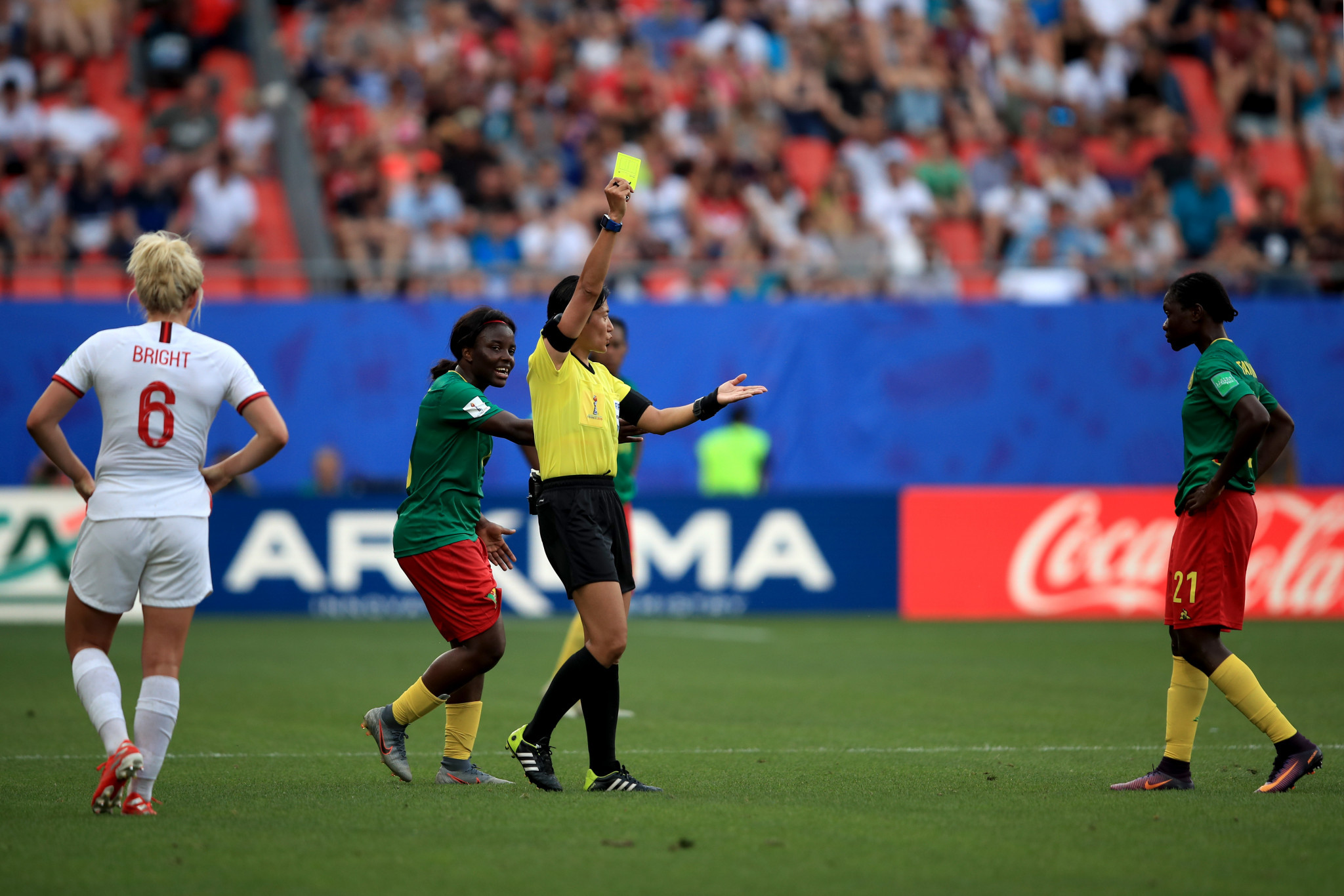 Alexandra Takounda escaped with a yellow card after a horror tackle on Steph Houghton ©Getty Images