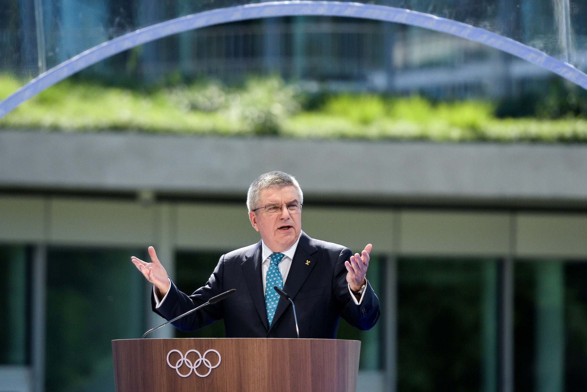 Christiana Figueres expressed her hope the IOC and its President Thomas Bach, seen here at the opening of Olympic House in Lausanne, which he claims is a fully sustainable building, can take more of a leadership role ©Getty Images