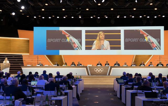 Swiss sports climber Petra Klingler addressed the IOC Session ahead of a vote on sports climbing's inclusion in the Paris 2024 Olympic Games ©IOC Media