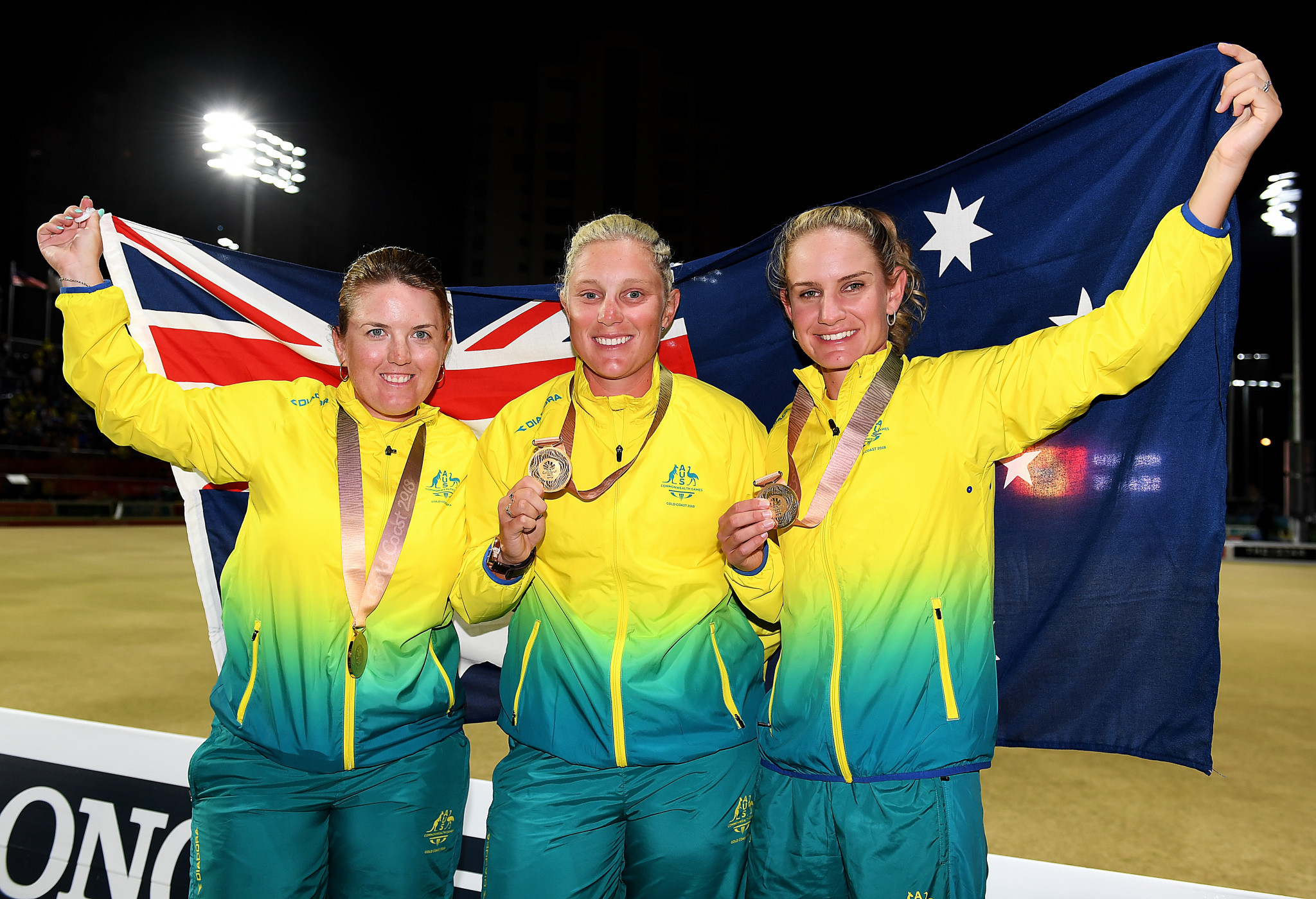 Australia's Carla Krizanic, Natasha Scott and Rebecca Van Asch are unbeaten in the women's triples ©Getty Images