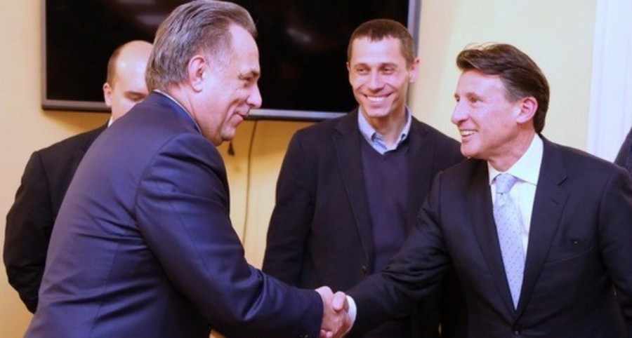 Russian Sports Minister Vitaly Mutko pictured with new IAAF chief Sebastian Coe following a meeting this month ©Minisport.gov.ru