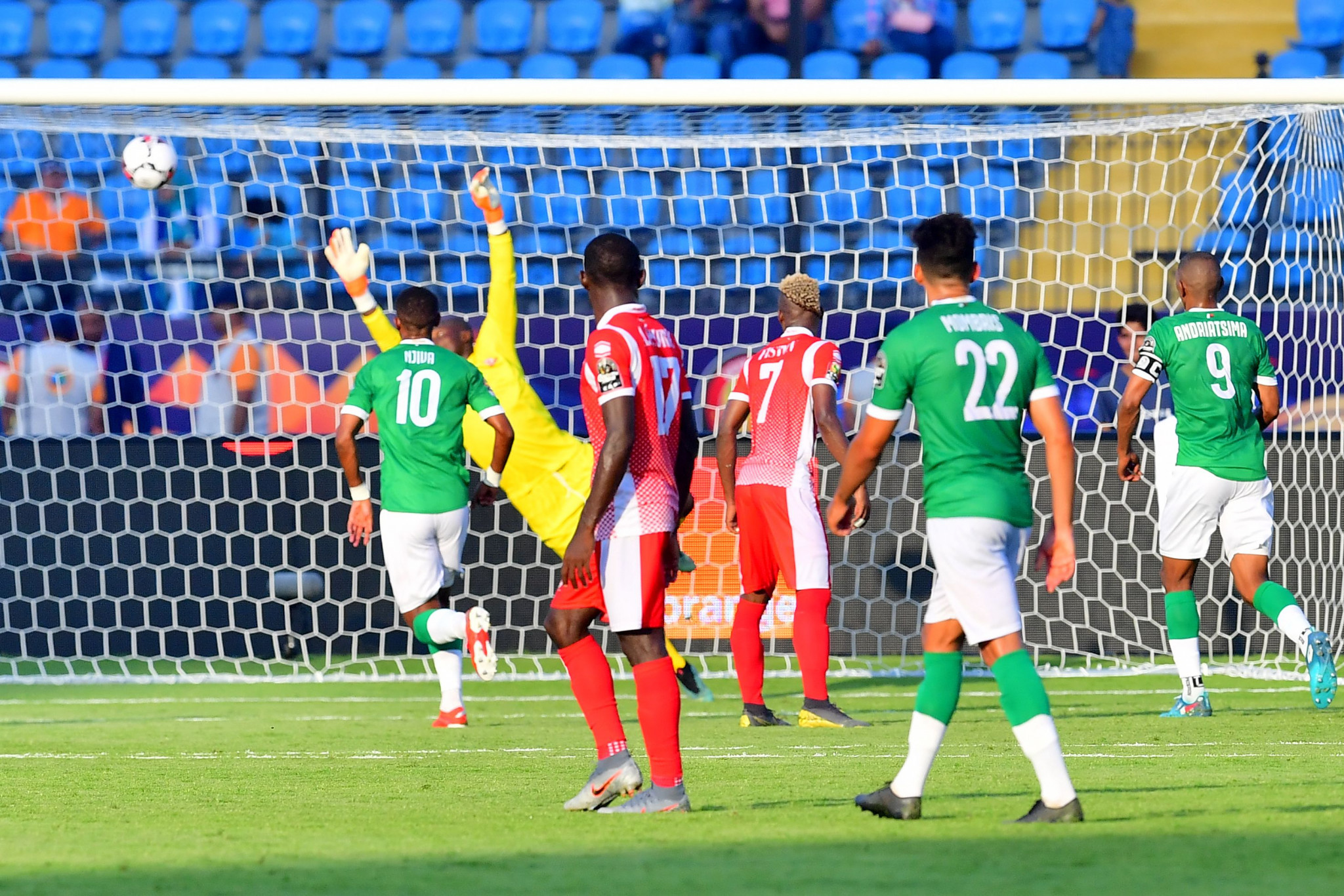 Burundi's goalkeeper Jonathan Nahimana fails to prevent Marco Ilaimaharitra's free-kick from flying into the top corner ©Getty Images 