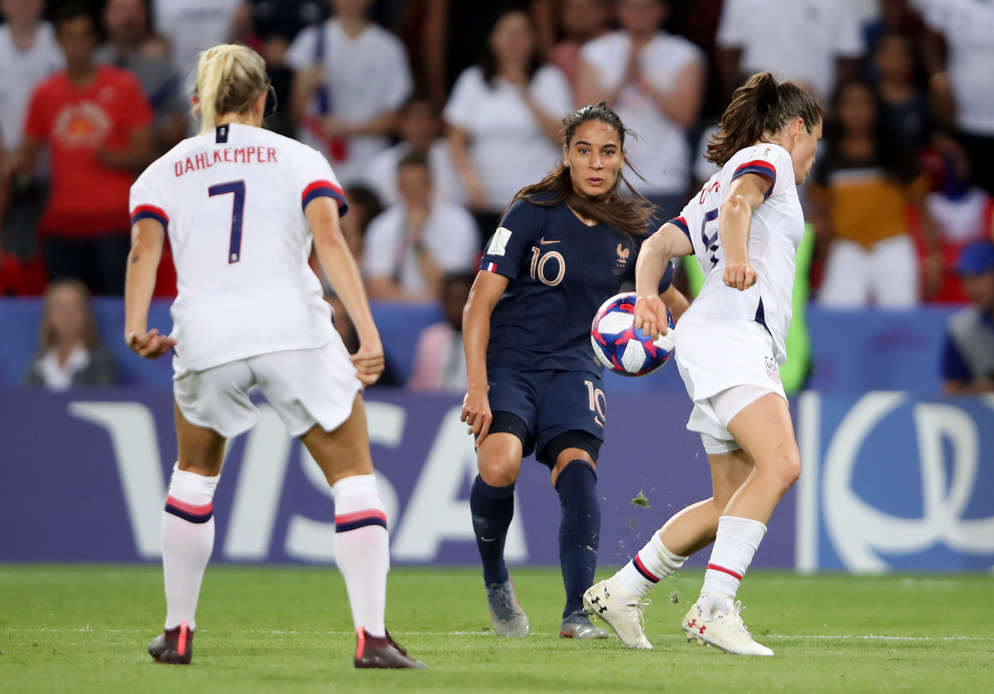 The hosts then had a penalty shout after Amel Majri's cross struck Kelley O'Hara's arm ©Getty Images