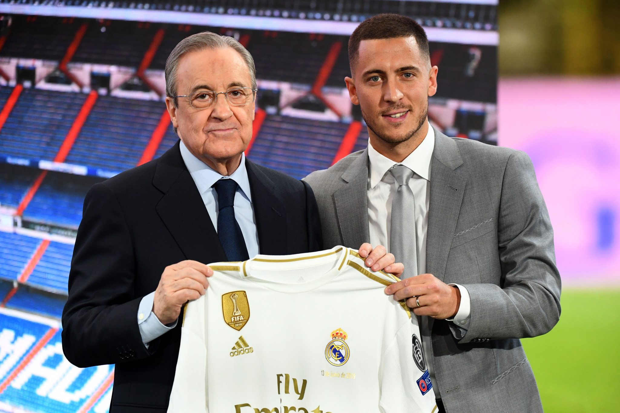 Real Madrid President Florentino Pérez, left, with Eden Hazard, will be aiming to sign the best names in women's football after the launch of a women's team ©Getty Images