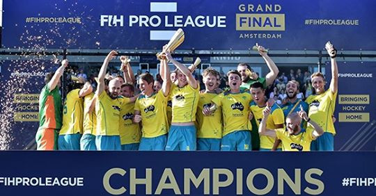 Australia celebrate becoming the first winners of the men's FIH Pro League in Amsterdam ©FIH