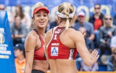 Australia’s Mariafe Artacho del Solar and Taliqua Clancy will take on Canada’s Brandie Wilkerson and Heather Bansley, pictured, in the pick of tomorrow's women’s round-of-32 matches as pool play concluded today at the Beach World Championships in Hamburg 