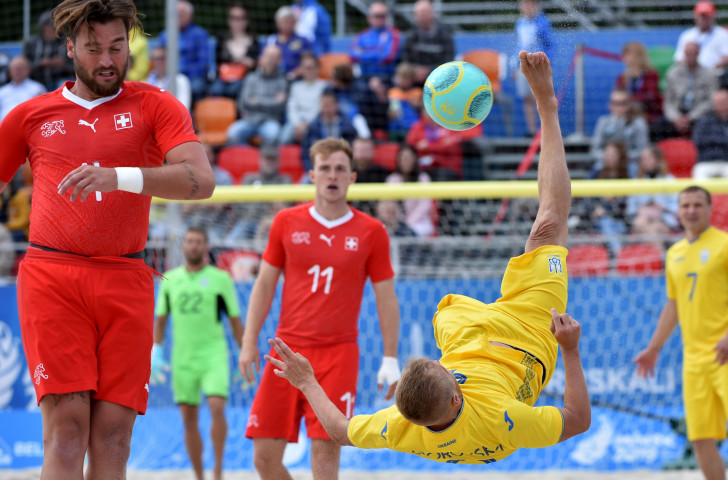 Beach soccer action from the game between Ukraine and Switzerland at the recently concluded Minsk 2019 Games ©Getty Images