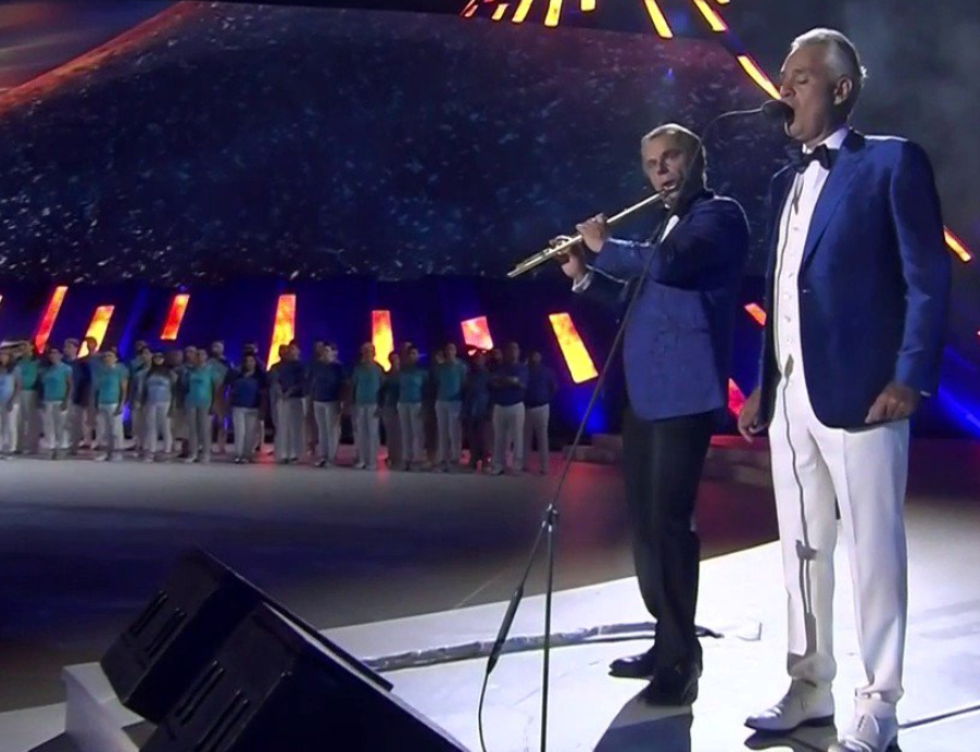 Andrea Bocelli made an appearance on stage at San Paolo Stadium ©FISU TV