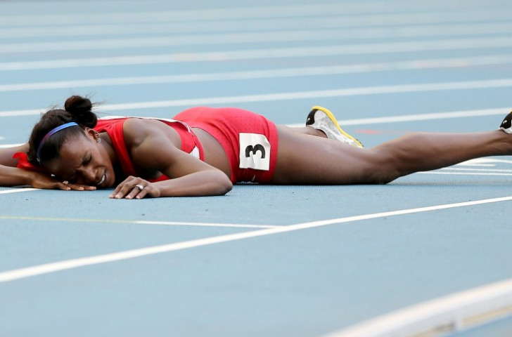 American 800m runner Alysia Montano pictured after missing a medal by one place at the 2013 IAAF World Championships, one of several events where she finished behind Russians 