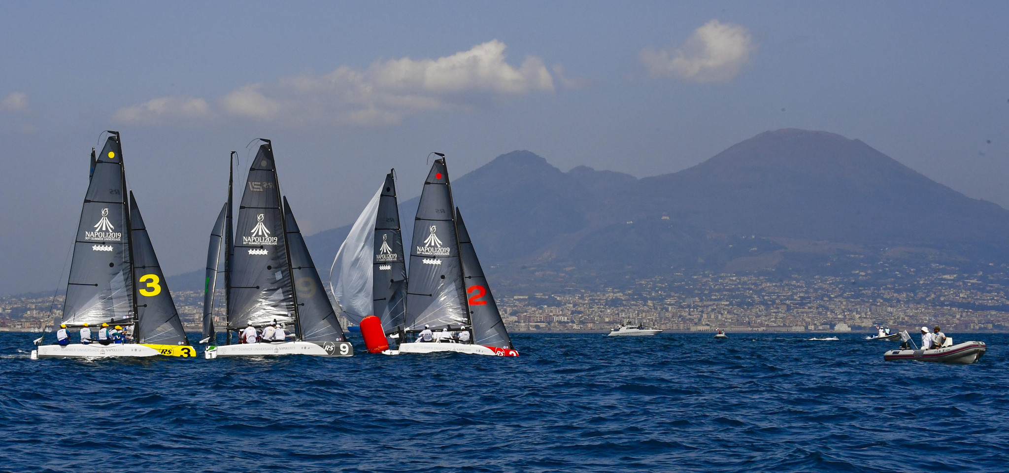 Competitors took to the water in the sailing qualifying events, with Mount Vesuvius acting as a scenic backdrop ©Naples 2019