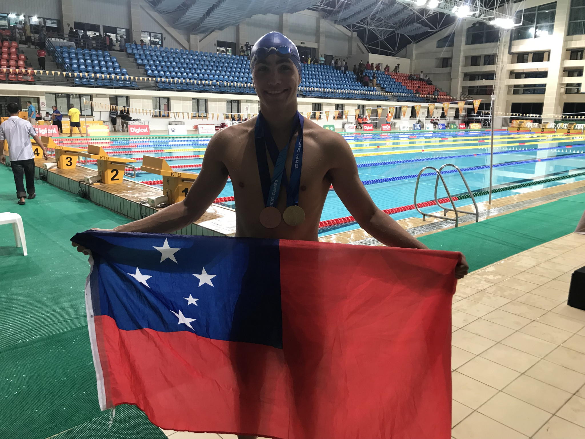 Brandon Schuster won Samoa's first ever Pacific Games swimming gold medal ©ITG