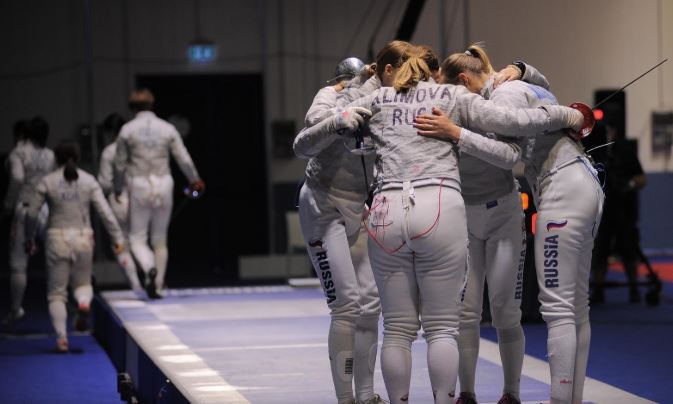 The Russian women's sabre team prepare for their gold medal battle with hosts Italy ©Naples 2019