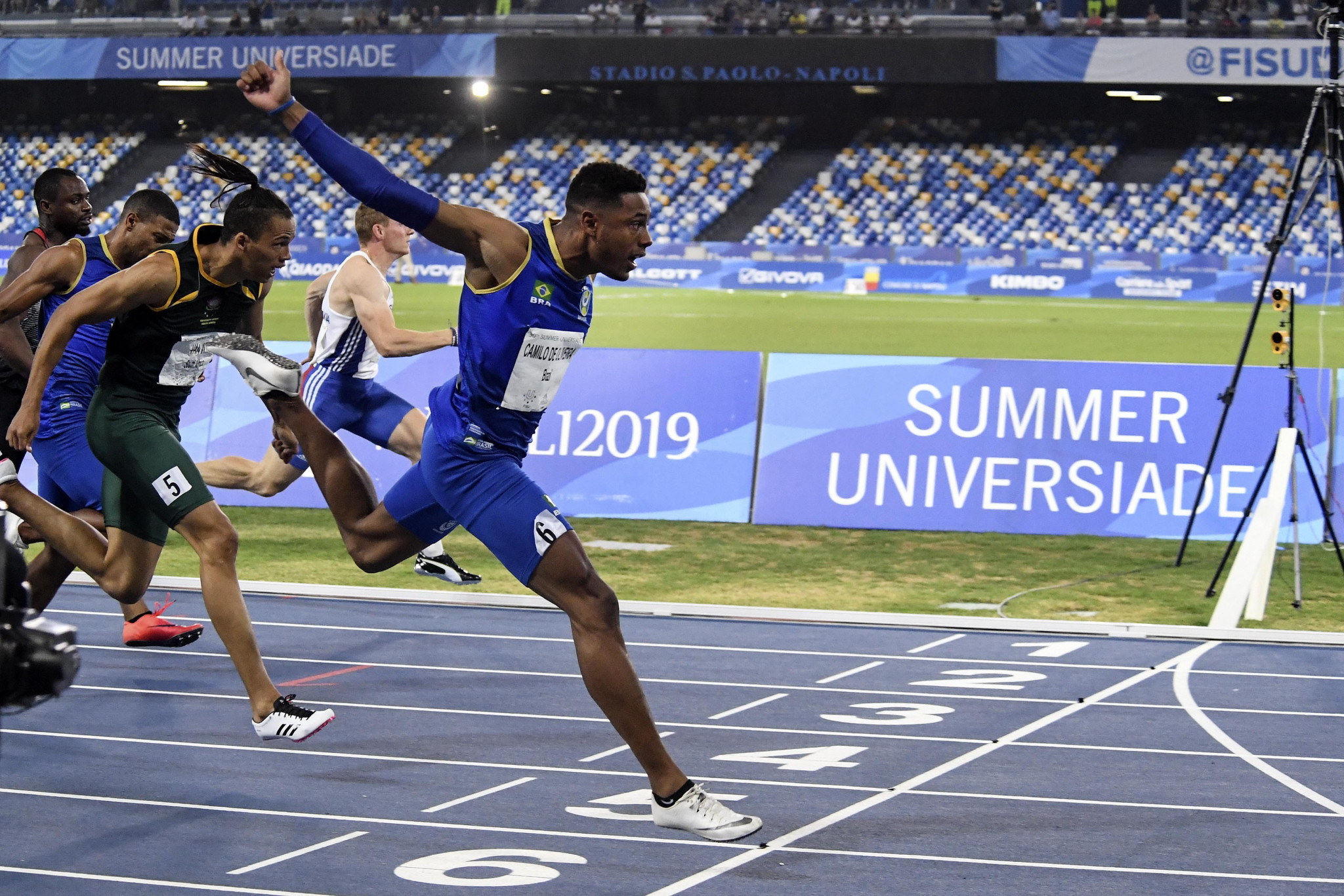 Paulo Andre Camilo won the men's 100m as Brazilians filled two of the top three places ©Naples 2019