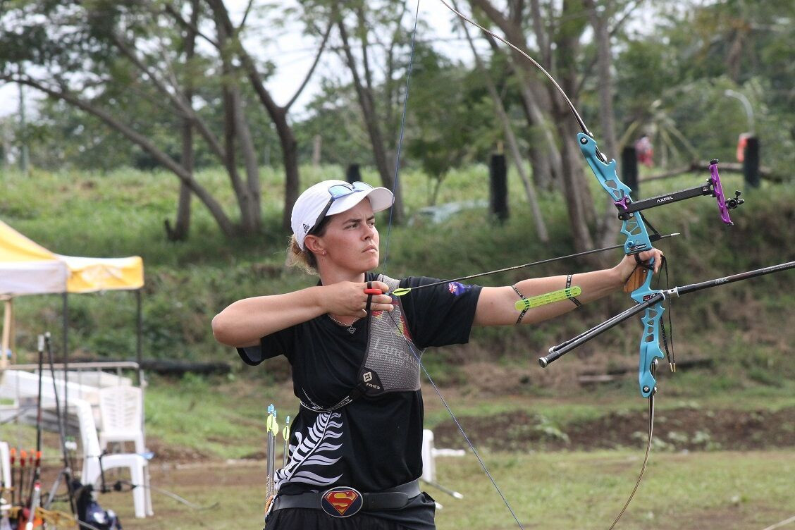 New Zealand archer Olivia Hodgson was Superman for her country as she helped them win their first gold of the Games ©Games News Service
