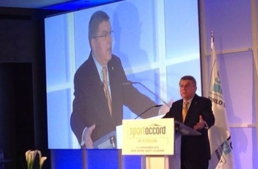 IOC President Thomas Bach spoke at the Opening Ceremony of the IF Forum Representatives from ASOIF, AIOWF, ARISF and AIMS during a panel session at the IF Forum ©SportAccord