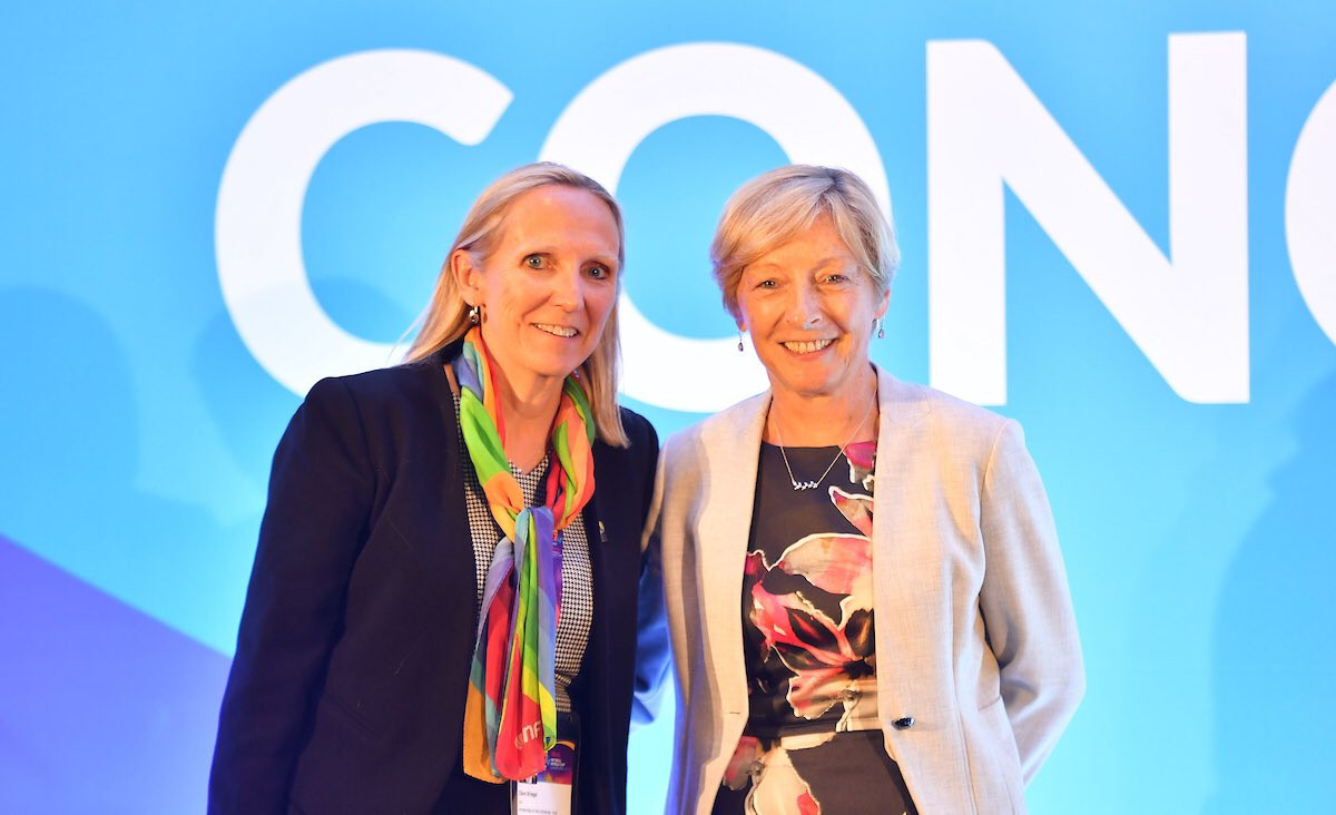 Former UK Sport chief executive Liz Nicholl, right, has been elected the new President of the International Netball Federation at the world governing body’s Congress in Liverpool ©INF/Twitter