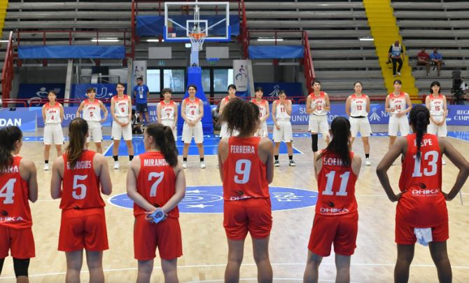 Japanese and Portuguese players line up for the start of the women's basketball bronze medal match ©Naples 2019 