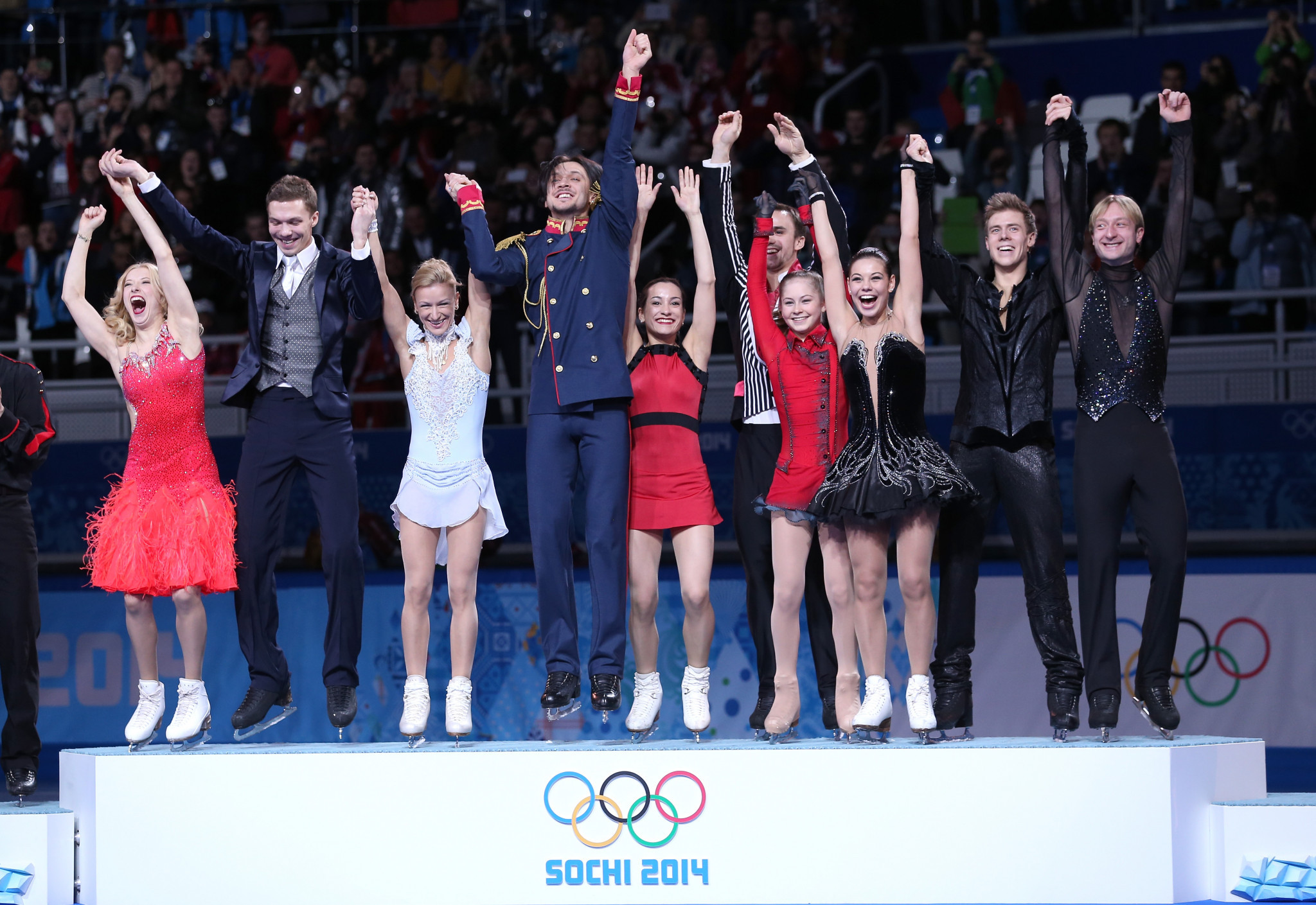 Ekaterina Bobrova, left, was part of Russia's gold medal-winning figure skating team at the Sochi 2014 Winter Olympic Games ©Getty Images