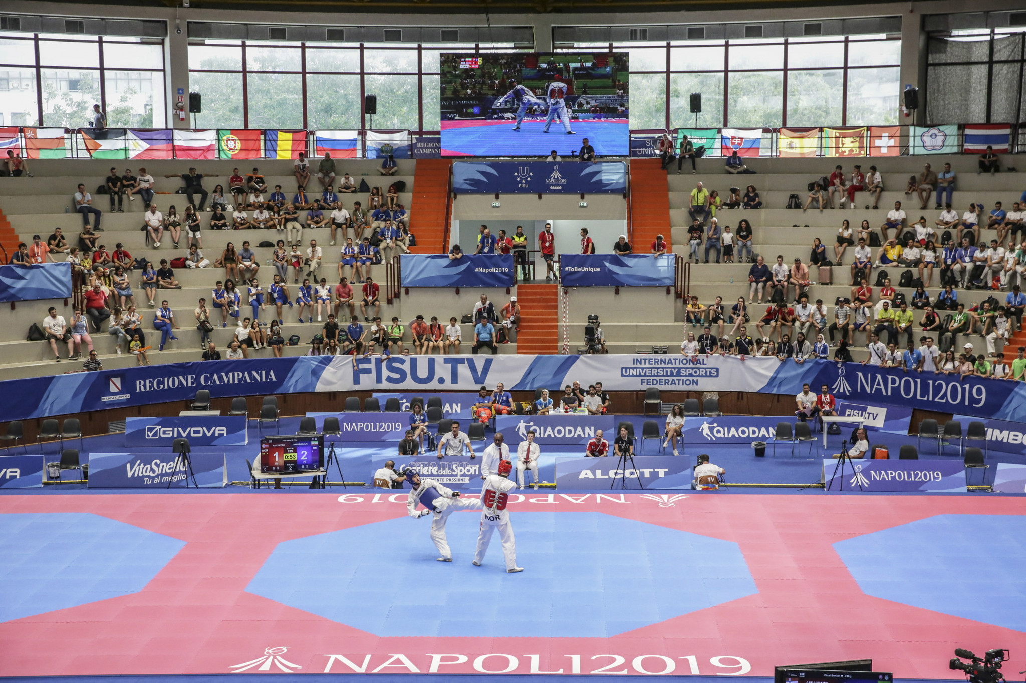 Three sets of medals were awarded in taekwondo at Palazzetto dello Sport in Casoria ©Naples 2019